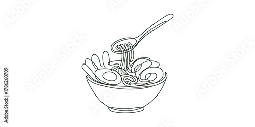 Continuous line drawing of a ramen noodle bowl with a spoon