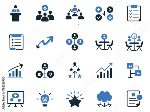 A diverse set of business icons representing teamwork, planning, and growth.