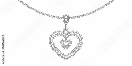 Christmas vector illustration of a silver chain necklace with a heart shaped pendant with smaller hearts inside