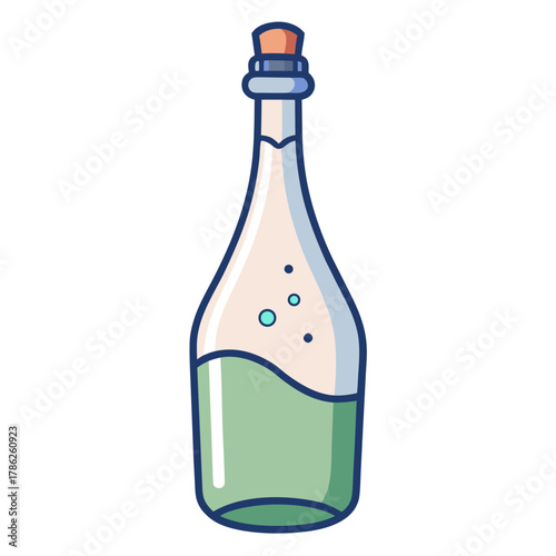 A stylized cartoon bottle with a cork stopper, containing a green liquid and small bubbles.