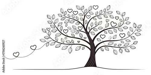 Christmas vector illustration of a tree with heart shaped leaves and hearts floating in the air on white background