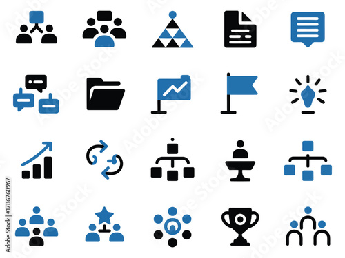 A collection of diverse icons representing teamwork, data, and communication.