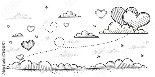 Christmas vector doodle style illustration of hearts and clouds with airplane trail in the sky for valentine's day