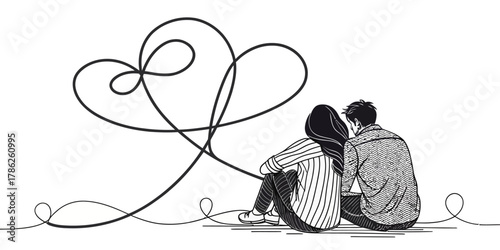 Christmas vector couple sitting together looking at a heart shaped line art on a white background in black and white style