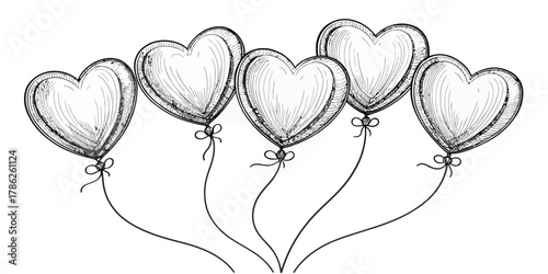 Christmas vector illustration of five heart shaped balloons with strings and bow ties in black and white sketch style