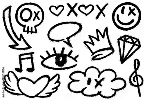 Graffiti spray elements set. Street art graffiti tag symbols, arrow, skull, cloud, eye, emoji, music note, heart. Underground urban design, vector aerosol elements with grunge graffiti splatter