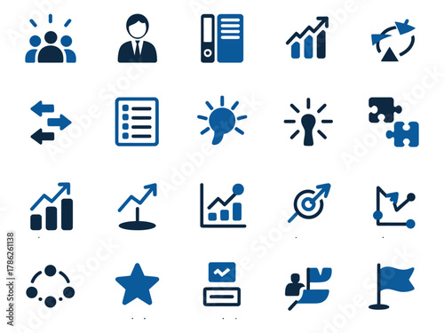 Business and teamwork icons in dark blue, depicting collaboration and growth concepts.