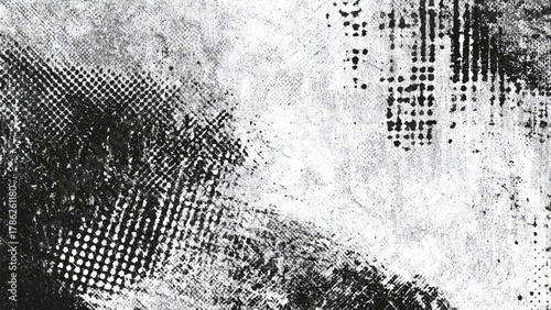 Abstract black and white grunge texture with halftone dot pattern and weathered surface.