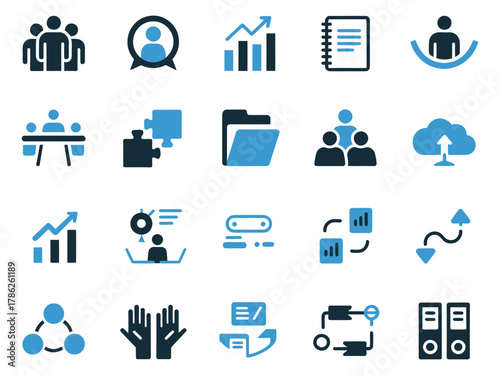 Collection of blue icons representing teamwork, data analysis, and collaboration.