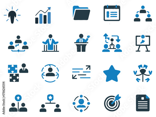 Set of blue icons representing teamwork, analysis, and leadership in a professional context.
