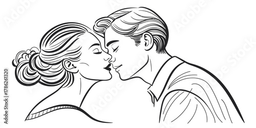 Christmas vector illustration of a couple in love about to kiss with detailed hair and clothing in black and white