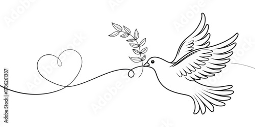 Christmas vector dove carrying olive branch with heart shaped string in a minimalist black and white outline design