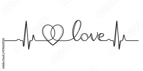 Christmas vector continuous line drawing of heartbeat with love text and heart shape in black and white design vector