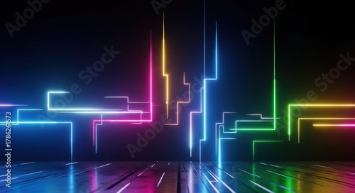 Abstract neon light background with glowing lines and geometric shapes