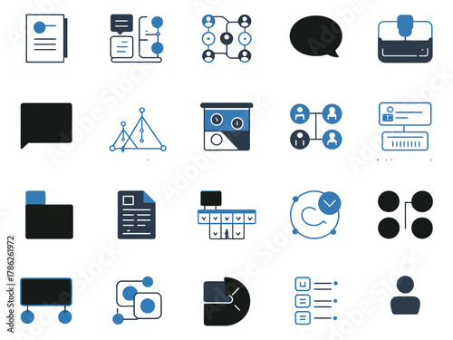 A collection of diverse icons representing business and communication concepts in blue and black.