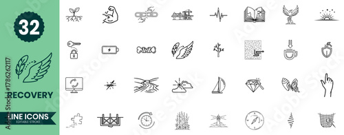 Recovery Line Icons Set 32 Healing, Support, Wellness, Rehabilitation & Personal Growth Symbols