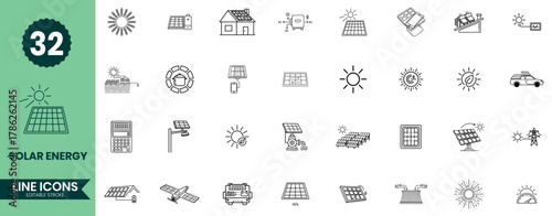 Solar Energy Line Icons Set 32 Renewable Power, Solar Panels, Sustainability, Green Technology, and Clean Energy Outline Vector Symbols