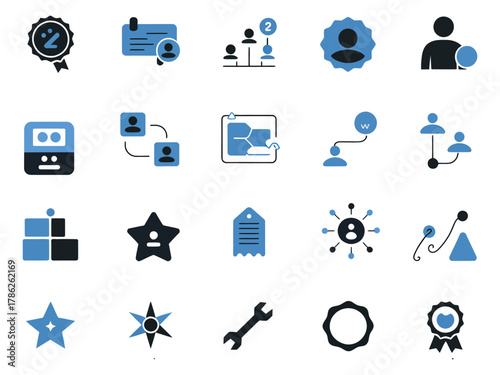 A collection of blue and black icons representing various concepts such as networking and achievement.