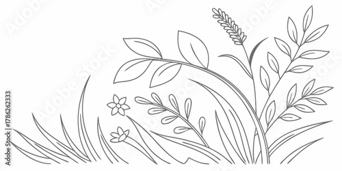 Christmas vector line drawing of grass flowers and leafy branches creating a natural border design element for art projects