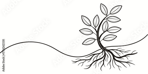 Christmas vector illustration of a small tree with visible roots and leaves on a white background design element
