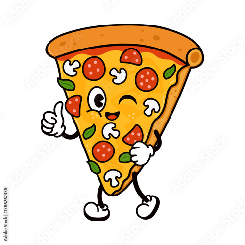 Pizza slice character winking and giving thumbs up