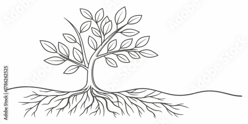 Christmas vector outlined drawing of a tree with leaves and roots showing the underground root system in detail