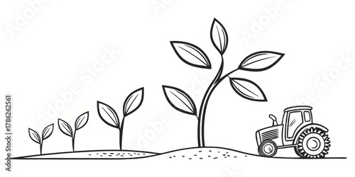 Christmas vector line art showing plant growth stages with tractor on a farm field in black and white drawing style