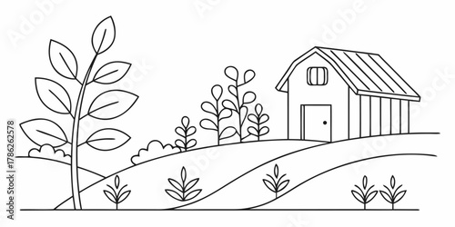 Christmas vector illustration of a barn on a hill with a tree and plants in a simple black and white line drawing style