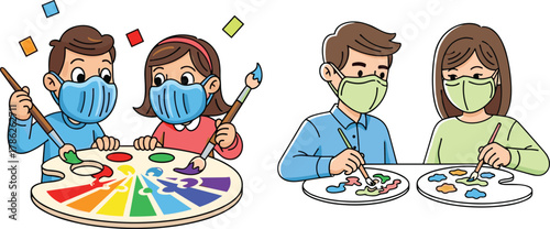 Children and adults painting with masks, art creativity illustration showing teamwork, safety, learning, color mixing, and pandemic protection concept