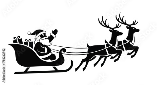 Santa Claus waves from his sleigh as his reindeer fly through the sky with gifts.