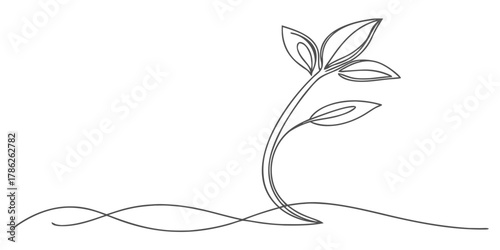 Christmas vector single line drawing of a plant sprouting from the ground with several leaves in black and white