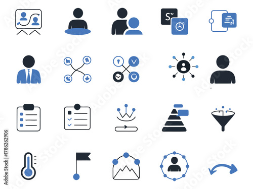 Business icons representing teamwork and project management in blue tones.
