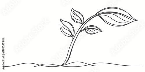 Christmas vector illustration of a young plant sprouting from the ground with three leaves in black and white style
