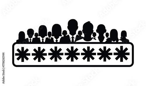 Silhouette group of people standing behind a password input field with asterisks