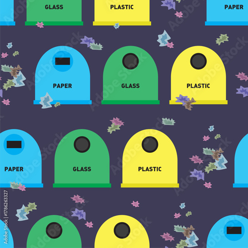 Big trash containers with garbage. Seamless pattern. Violet background. Blue paper container, green glass container and yellow container