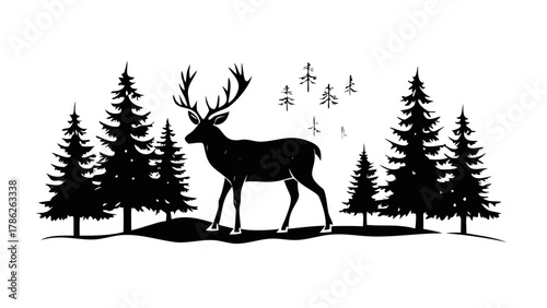 Graceful reindeer silhouette standing among pine trees in snowy forest.