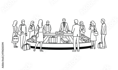 People wait for their luggage at a baggage claim carousel in an airport terminal.