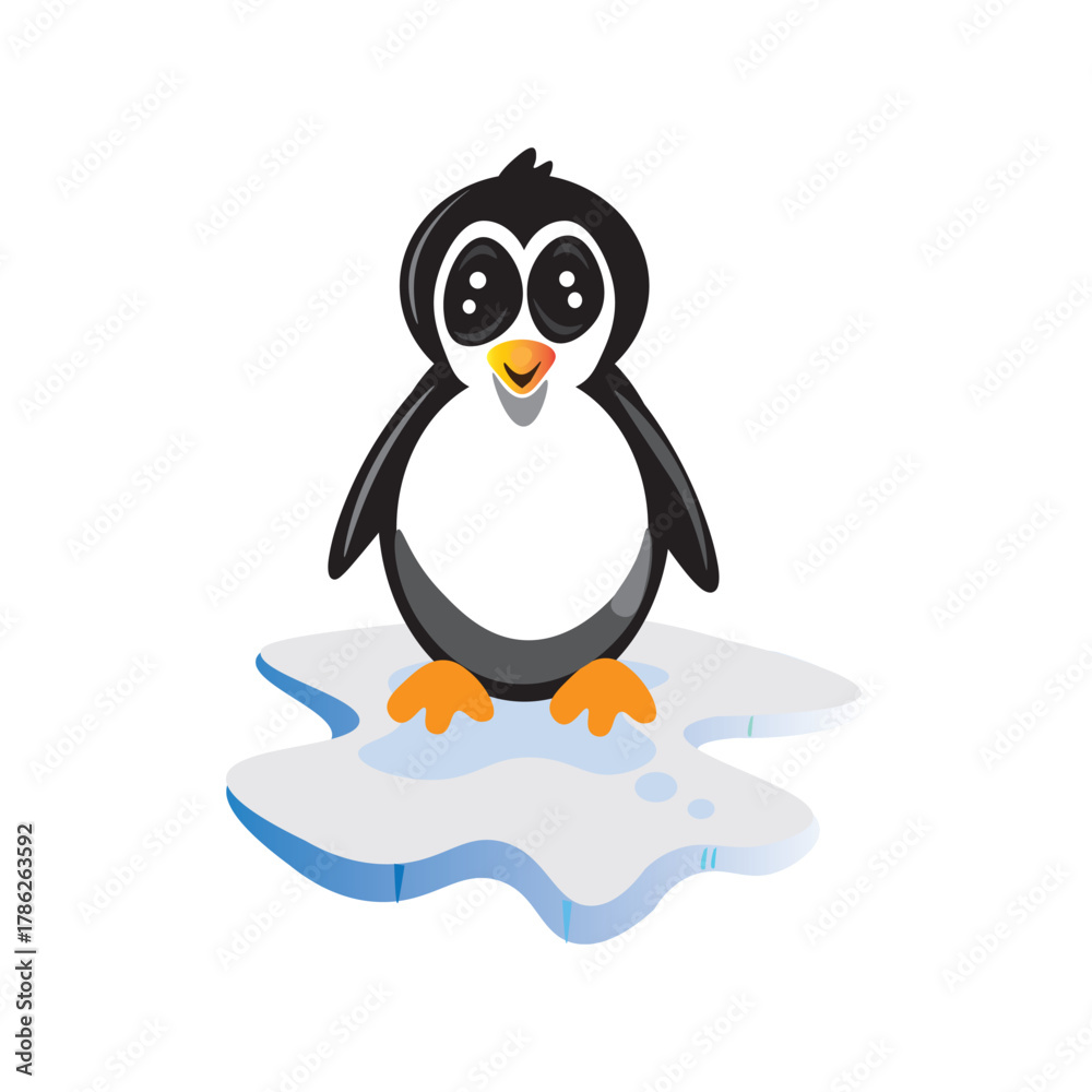 Fototapeta premium Cute cartoon baby penguin standing on a melting ice floe vector illustration. Adorable Antarctic animal mascot character for winter, climate change, or children's design