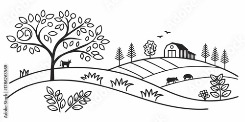 Christmas vector black and white farm landscape with barn, trees, animals, and rolling hills in a line art style