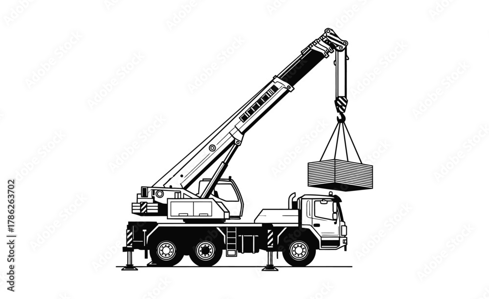 Naklejka premium A mobile crane lifts a heavy concrete block with its extendable boom.