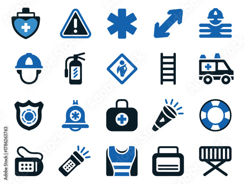 Collection of emergency service icons in blue and black, representing health and safety.
