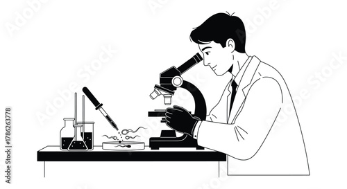A scientist is examining samples under a microscope in a laboratory.