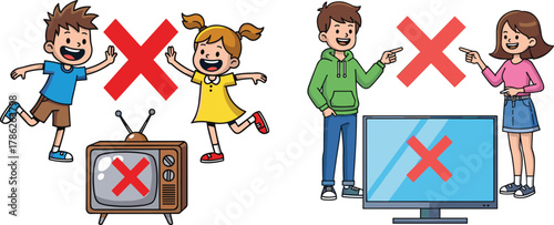 Kids and teenagers avoiding TV, healthy lifestyle concept, reducing screen time, cartoon illustration promoting outdoor play, family education awareness, activity balance