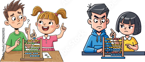 Kids and teens learning math with abacus, cartoon illustration showing teamwork, problem solving, education, thinking, and classroom learning concept