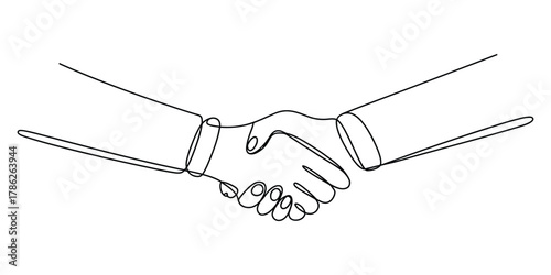 Continuous line drawing of two people shaking hands agreement