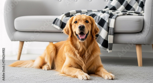 A golden retriever dog lying on a gray carpet in front of a gray sofa