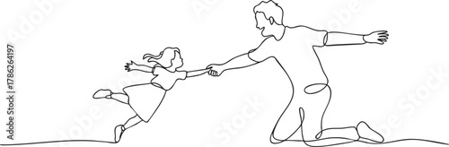 continuous line vector illustration of father and daughters in simple line art style for Father’s Day