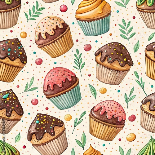 Sweet Cupcakes with Cherries Pattern Illustration, Baking Desserts Seamless Textile Design