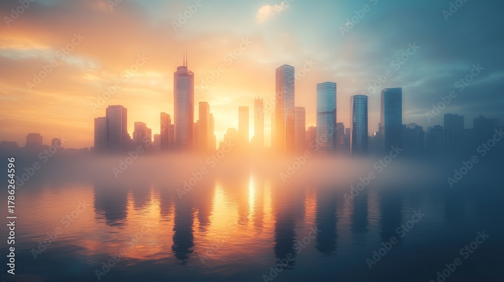 Fototapeta premium Sunrise over a modern city skyline with reflective water, hazy atmosphere, and silhouettes of tall buildings just waking up to a new day
