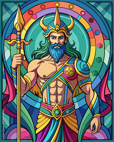 Poseidon real, full body ,Stained Glass Style , rainbow color